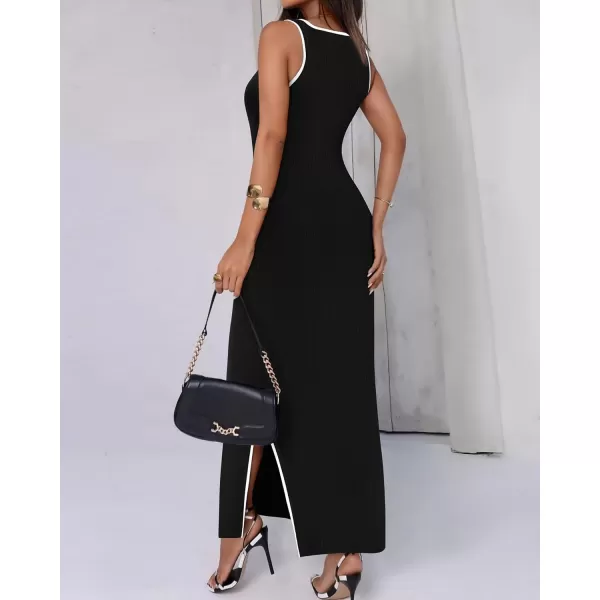 imageBTFBM Womens 2024 Summer Knit Bodycon Maxi Dress Sleeveless Square Neck Slit Tank Party Club Ribbed Sweater DressesSolid Black