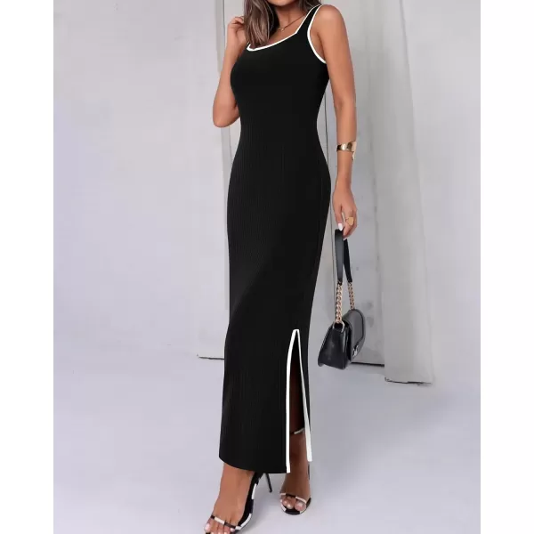 imageBTFBM Womens 2024 Summer Knit Bodycon Maxi Dress Sleeveless Square Neck Slit Tank Party Club Ribbed Sweater DressesSolid Black