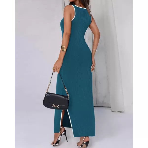 imageBTFBM Womens 2024 Summer Knit Bodycon Maxi Dress Sleeveless Square Neck Slit Tank Party Club Ribbed Sweater DressesSolid Dark Blue