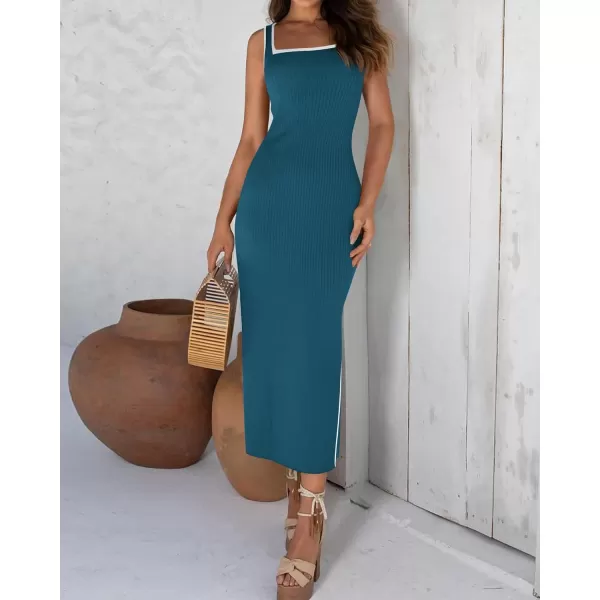 imageBTFBM Womens 2024 Summer Knit Bodycon Maxi Dress Sleeveless Square Neck Slit Tank Party Club Ribbed Sweater DressesSolid Dark Blue