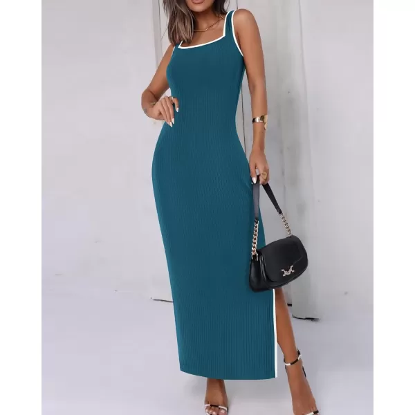 imageBTFBM Womens 2024 Summer Knit Bodycon Maxi Dress Sleeveless Square Neck Slit Tank Party Club Ribbed Sweater DressesSolid Dark Blue