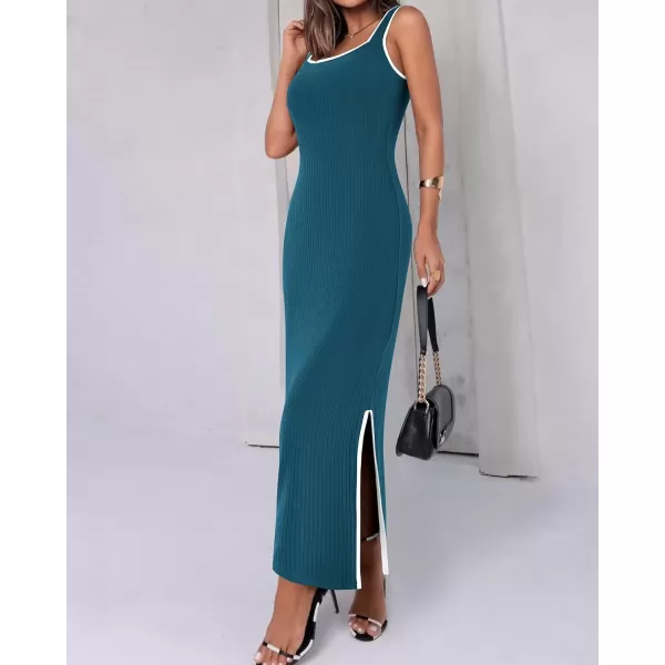 imageBTFBM Womens 2024 Summer Knit Bodycon Maxi Dress Sleeveless Square Neck Slit Tank Party Club Ribbed Sweater DressesSolid Dark Blue