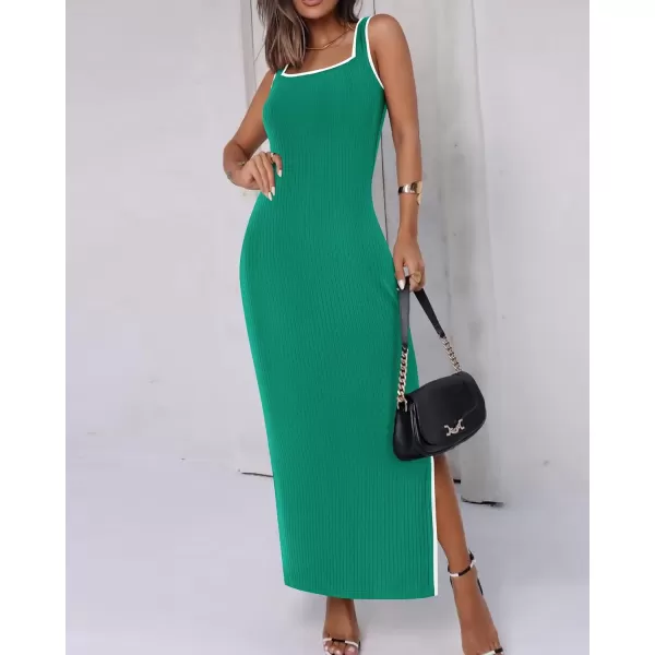 imageBTFBM Womens 2024 Summer Knit Bodycon Maxi Dress Sleeveless Square Neck Slit Tank Party Club Ribbed Sweater DressesSolid Green