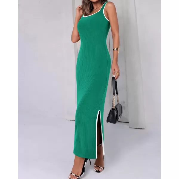 imageBTFBM Womens 2024 Summer Knit Bodycon Maxi Dress Sleeveless Square Neck Slit Tank Party Club Ribbed Sweater DressesSolid Green
