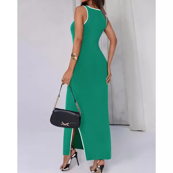 imageBTFBM Womens 2024 Summer Knit Bodycon Maxi Dress Sleeveless Square Neck Slit Tank Party Club Ribbed Sweater DressesSolid Green