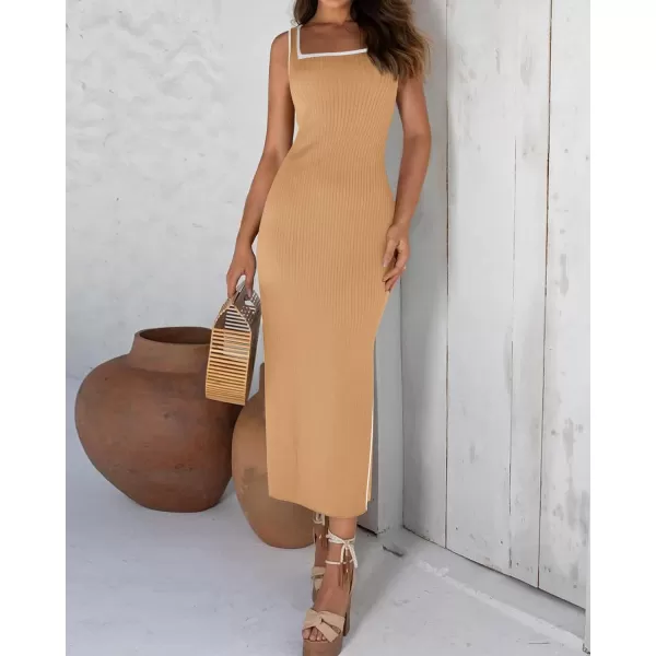imageBTFBM Womens 2024 Summer Knit Bodycon Maxi Dress Sleeveless Square Neck Slit Tank Party Club Ribbed Sweater DressesSolid Khaki