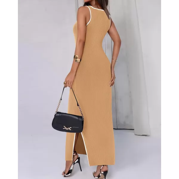 imageBTFBM Womens 2024 Summer Knit Bodycon Maxi Dress Sleeveless Square Neck Slit Tank Party Club Ribbed Sweater DressesSolid Khaki