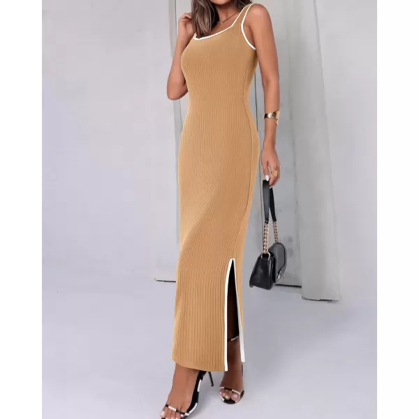 imageBTFBM Womens 2024 Summer Knit Bodycon Maxi Dress Sleeveless Square Neck Slit Tank Party Club Ribbed Sweater DressesSolid Khaki