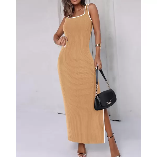 imageBTFBM Womens 2024 Summer Knit Bodycon Maxi Dress Sleeveless Square Neck Slit Tank Party Club Ribbed Sweater DressesSolid Khaki