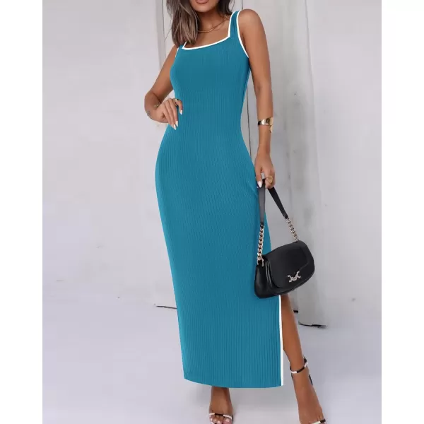 imageBTFBM Womens 2024 Summer Knit Bodycon Maxi Dress Sleeveless Square Neck Slit Tank Party Club Ribbed Sweater DressesSolid Lake Blue