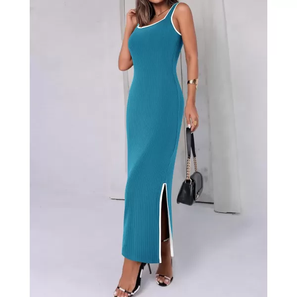 imageBTFBM Womens 2024 Summer Knit Bodycon Maxi Dress Sleeveless Square Neck Slit Tank Party Club Ribbed Sweater DressesSolid Lake Blue