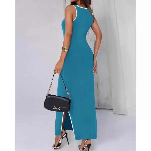 imageBTFBM Womens 2024 Summer Knit Bodycon Maxi Dress Sleeveless Square Neck Slit Tank Party Club Ribbed Sweater DressesSolid Lake Blue