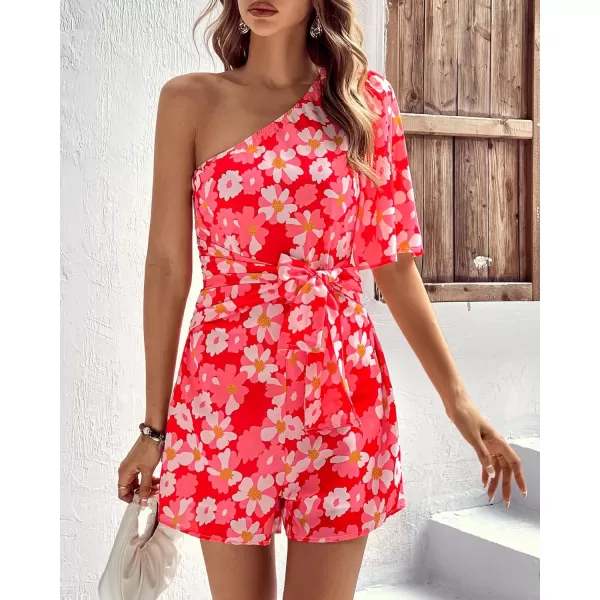 imageBTFBM Womens 2024 Summer One Shoulder Romper Short Sleeve Boho Floral Print Tie Waist Party Beach Casual Short JumpsuitsFlora Rosel Red