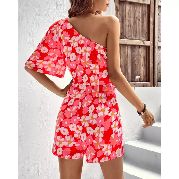 imageBTFBM Womens 2024 Summer One Shoulder Romper Short Sleeve Boho Floral Print Tie Waist Party Beach Casual Short JumpsuitsFlora Rosel Red
