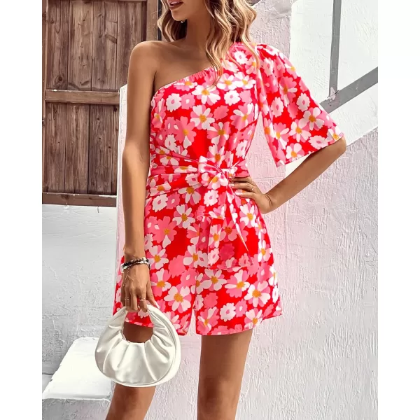 imageBTFBM Womens 2024 Summer One Shoulder Romper Short Sleeve Boho Floral Print Tie Waist Party Beach Casual Short JumpsuitsFlora Rosel Red