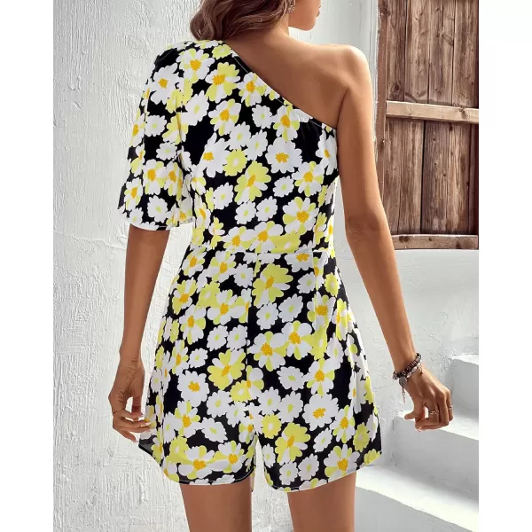imageBTFBM Womens 2024 Summer One Shoulder Romper Short Sleeve Boho Floral Print Tie Waist Party Beach Casual Short JumpsuitsFloral Black