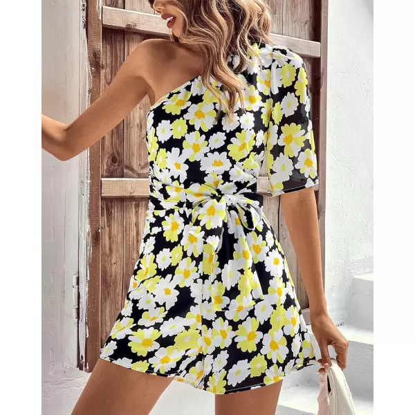 imageBTFBM Womens 2024 Summer One Shoulder Romper Short Sleeve Boho Floral Print Tie Waist Party Beach Casual Short JumpsuitsFloral Black