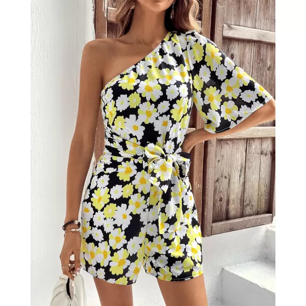 imageBTFBM Womens 2024 Summer One Shoulder Romper Short Sleeve Boho Floral Print Tie Waist Party Beach Casual Short JumpsuitsFloral Black