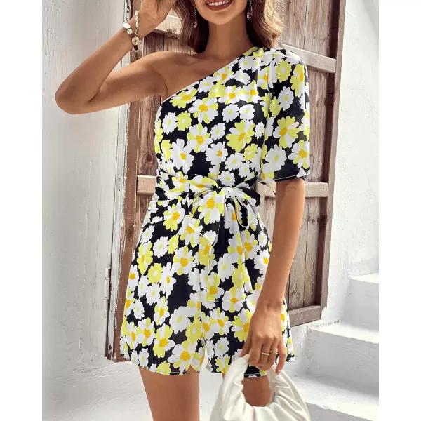 imageBTFBM Womens 2024 Summer One Shoulder Romper Short Sleeve Boho Floral Print Tie Waist Party Beach Casual Short JumpsuitsFloral Black