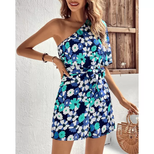 imageBTFBM Womens 2024 Summer One Shoulder Romper Short Sleeve Boho Floral Print Tie Waist Party Beach Casual Short JumpsuitsFloral Blue