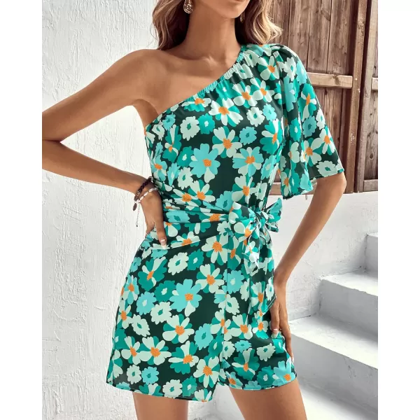 imageBTFBM Womens 2024 Summer One Shoulder Romper Short Sleeve Boho Floral Print Tie Waist Party Beach Casual Short JumpsuitsFloral Green
