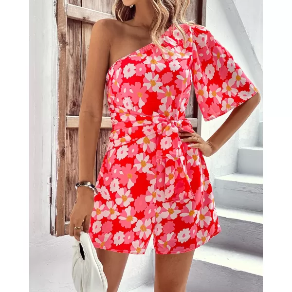 imageBTFBM Womens 2024 Summer One Shoulder Romper Short Sleeve Boho Floral Print Tie Waist Party Beach Casual Short JumpsuitsFloral Red
