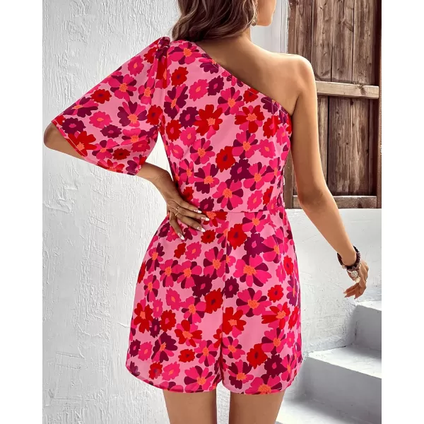 imageBTFBM Womens 2024 Summer One Shoulder Romper Short Sleeve Boho Floral Print Tie Waist Party Beach Casual Short JumpsuitsFloral Rose Red