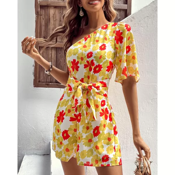 imageBTFBM Womens 2024 Summer One Shoulder Romper Short Sleeve Boho Floral Print Tie Waist Party Beach Casual Short JumpsuitsFloral Yellow