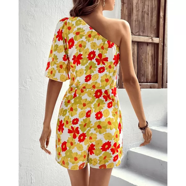 imageBTFBM Womens 2024 Summer One Shoulder Romper Short Sleeve Boho Floral Print Tie Waist Party Beach Casual Short JumpsuitsFloral Yellow