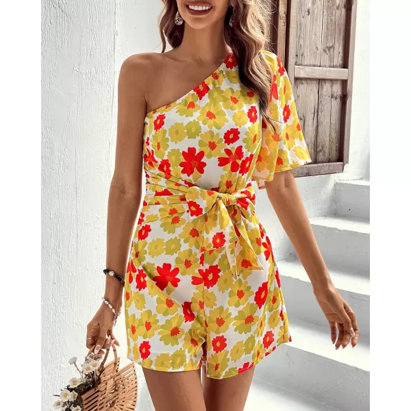 imageBTFBM Womens 2024 Summer One Shoulder Romper Short Sleeve Boho Floral Print Tie Waist Party Beach Casual Short JumpsuitsFloral Yellow