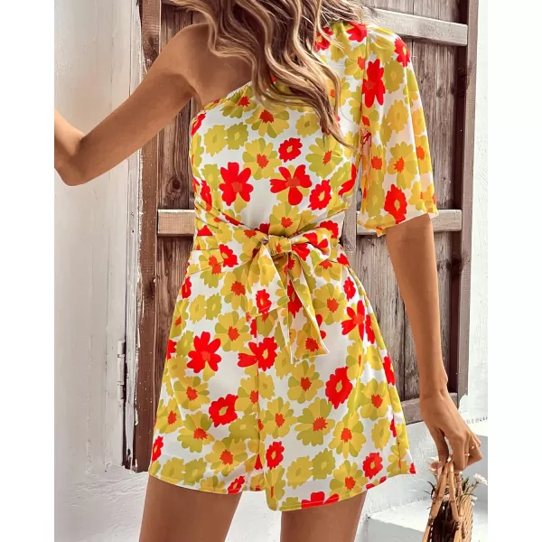imageBTFBM Womens 2024 Summer One Shoulder Romper Short Sleeve Boho Floral Print Tie Waist Party Beach Casual Short JumpsuitsFloral Yellow