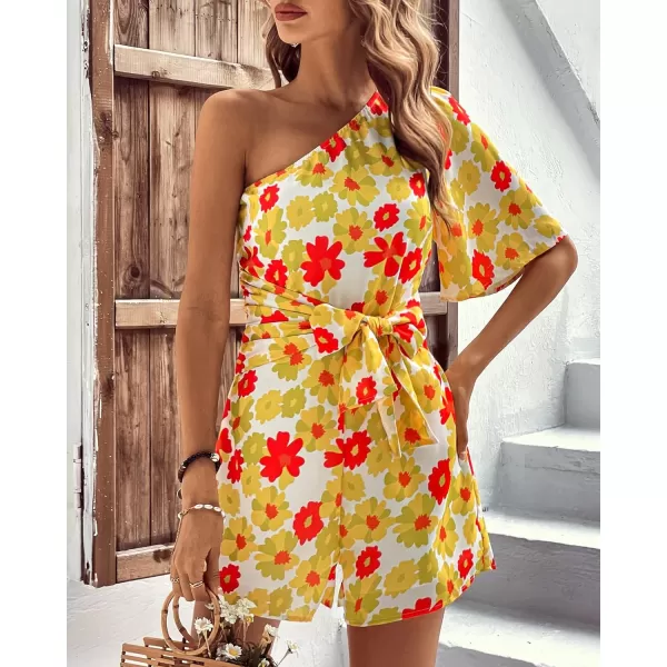 imageBTFBM Womens 2024 Summer One Shoulder Romper Short Sleeve Boho Floral Print Tie Waist Party Beach Casual Short JumpsuitsFloral Yellow