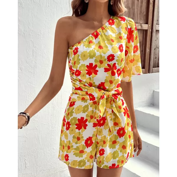 imageBTFBM Womens 2024 Summer One Shoulder Romper Short Sleeve Boho Floral Print Tie Waist Party Beach Casual Short JumpsuitsFloral Yellow