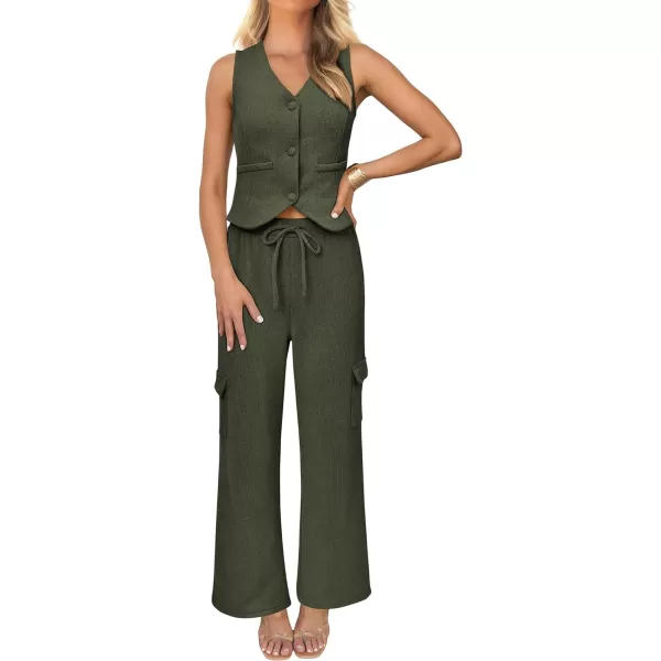 imageBTFBM Womens 2024 Summer Track Suits 2 Piece Outfits Matching Sets Ribbed Knit Button Down Cropped Vest Wide Leg PantsSolid Army Green