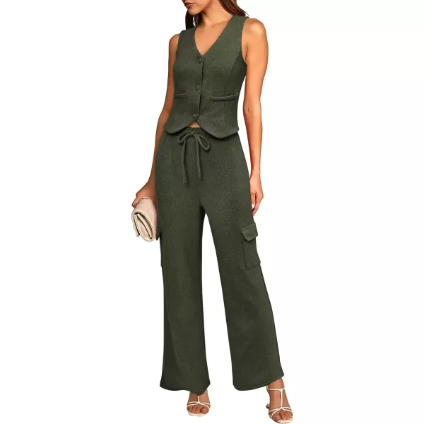 imageBTFBM Womens 2024 Summer Track Suits 2 Piece Outfits Matching Sets Ribbed Knit Button Down Cropped Vest Wide Leg PantsSolid Army Green