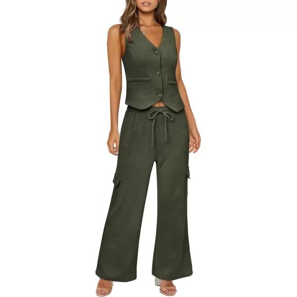 imageBTFBM Womens 2024 Summer Track Suits 2 Piece Outfits Matching Sets Ribbed Knit Button Down Cropped Vest Wide Leg PantsSolid Army Green