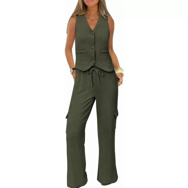 imageBTFBM Womens 2024 Summer Track Suits 2 Piece Outfits Matching Sets Ribbed Knit Button Down Cropped Vest Wide Leg PantsSolid Army Green