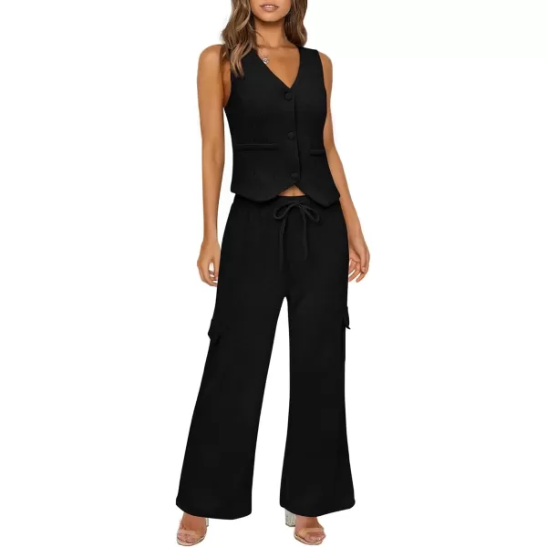 imageBTFBM Womens 2024 Summer Track Suits 2 Piece Outfits Matching Sets Ribbed Knit Button Down Cropped Vest Wide Leg PantsSolid Black