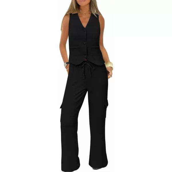 imageBTFBM Womens 2024 Summer Track Suits 2 Piece Outfits Matching Sets Ribbed Knit Button Down Cropped Vest Wide Leg PantsSolid Black
