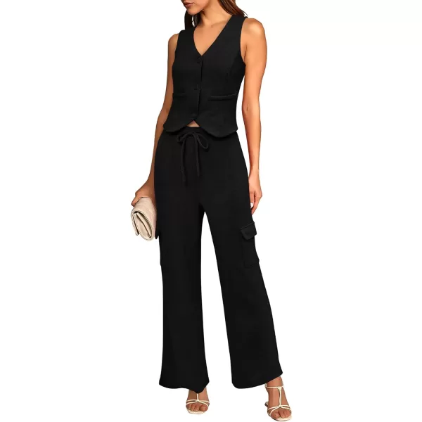 imageBTFBM Womens 2024 Summer Track Suits 2 Piece Outfits Matching Sets Ribbed Knit Button Down Cropped Vest Wide Leg PantsSolid Black