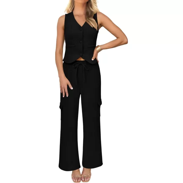 imageBTFBM Womens 2024 Summer Track Suits 2 Piece Outfits Matching Sets Ribbed Knit Button Down Cropped Vest Wide Leg PantsSolid Black