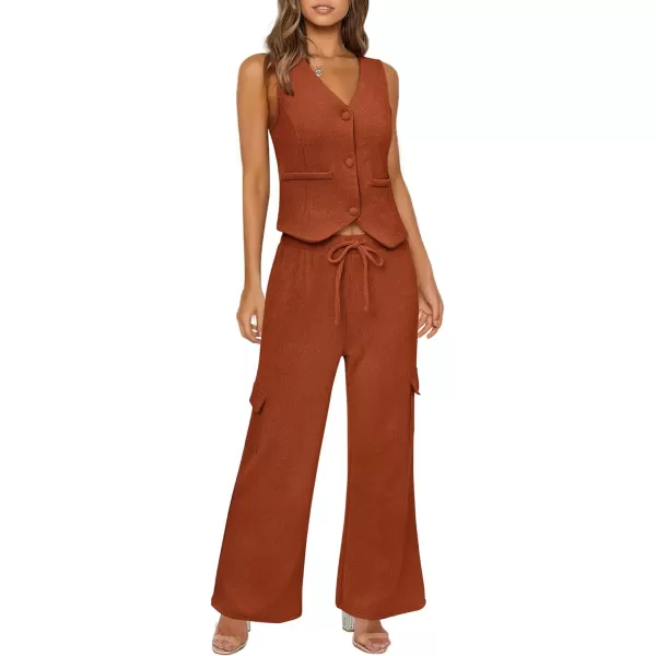 imageBTFBM Womens 2024 Summer Track Suits 2 Piece Outfits Matching Sets Ribbed Knit Button Down Cropped Vest Wide Leg PantsSolid Caramel
