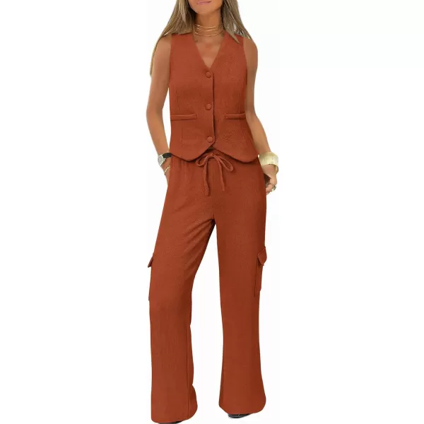 imageBTFBM Womens 2024 Summer Track Suits 2 Piece Outfits Matching Sets Ribbed Knit Button Down Cropped Vest Wide Leg PantsSolid Caramel