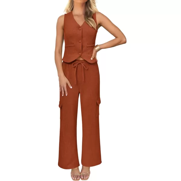 imageBTFBM Womens 2024 Summer Track Suits 2 Piece Outfits Matching Sets Ribbed Knit Button Down Cropped Vest Wide Leg PantsSolid Caramel