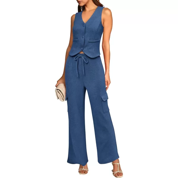 imageBTFBM Womens 2024 Summer Track Suits 2 Piece Outfits Matching Sets Ribbed Knit Button Down Cropped Vest Wide Leg PantsSolid Dark Blue