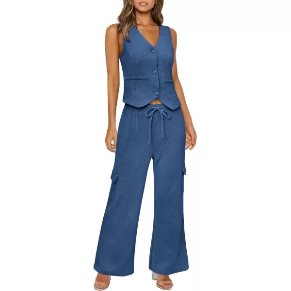 imageBTFBM Womens 2024 Summer Track Suits 2 Piece Outfits Matching Sets Ribbed Knit Button Down Cropped Vest Wide Leg PantsSolid Dark Blue