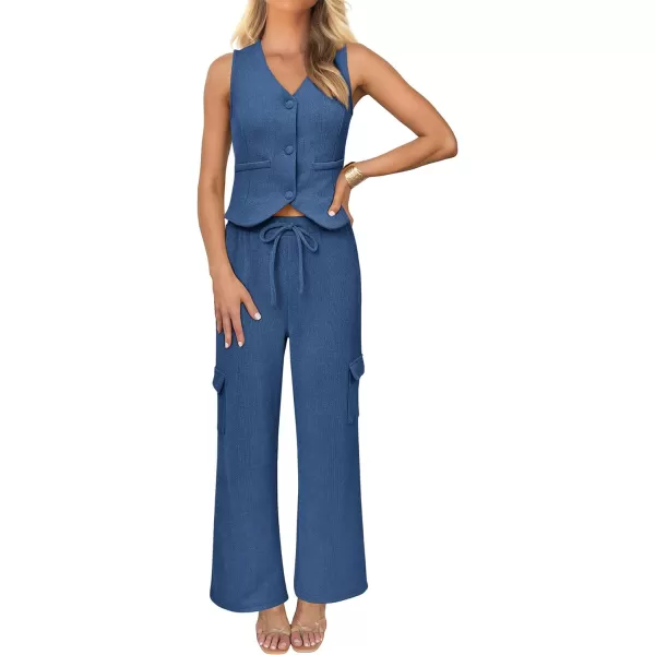 imageBTFBM Womens 2024 Summer Track Suits 2 Piece Outfits Matching Sets Ribbed Knit Button Down Cropped Vest Wide Leg PantsSolid Dark Blue