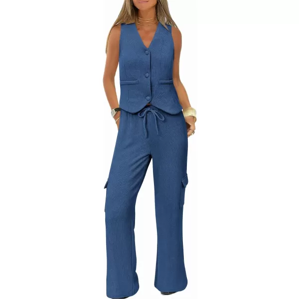 imageBTFBM Womens 2024 Summer Track Suits 2 Piece Outfits Matching Sets Ribbed Knit Button Down Cropped Vest Wide Leg PantsSolid Dark Blue