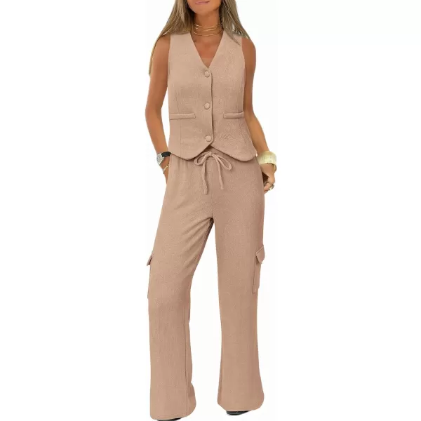 imageBTFBM Womens 2024 Summer Track Suits 2 Piece Outfits Matching Sets Ribbed Knit Button Down Cropped Vest Wide Leg PantsSolid Khaki