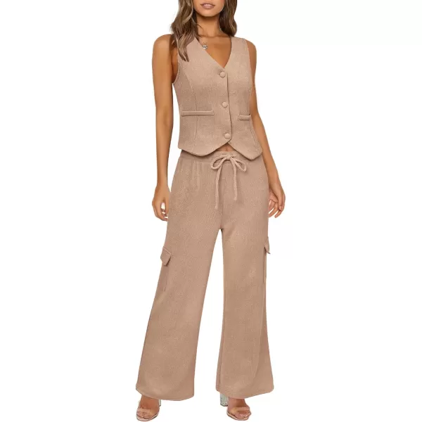 imageBTFBM Womens 2024 Summer Track Suits 2 Piece Outfits Matching Sets Ribbed Knit Button Down Cropped Vest Wide Leg PantsSolid Khaki